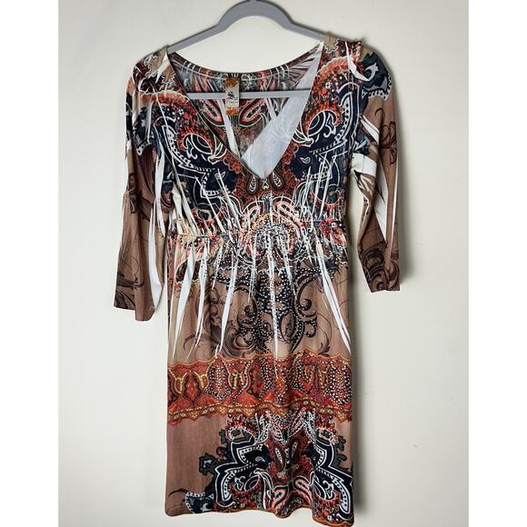 Y2K S-12 3/4 Sleeve Tattoo Dress With Rhinestones Size M Stretchy Club Grunge - Picture 1 of 14